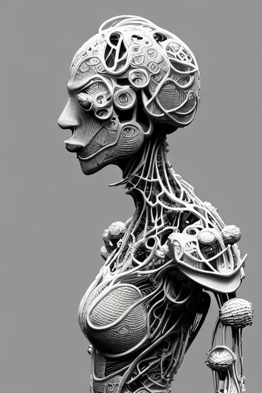 Prompt: bw 3 d render, hyper detailed, stunning beautiful biomechanical albino angry soldier cyborg with a porcelain profile face, beautiful natural soft rim light, big leaves and stems, roots, fine foliage lace, alexander mcqueen, studio ghibli, herge, art nouveau fashion embroidered, steampunk, silver filigree details, hexagonal mesh wire, mandelbrot fractal, 8 k