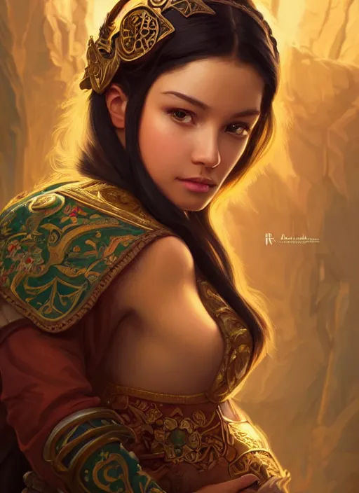 Image similar to portrait of russian mexican asian girl jodhpurs hyperborea lemuria, deep focus, d & d, fantasy, intricate, elegant, highly detailed, digital painting, artstation, concept art, matte, sharp focus, illustration, hearthstone, art by rhads by artgerm and greg rutkowski and alphonse mucha