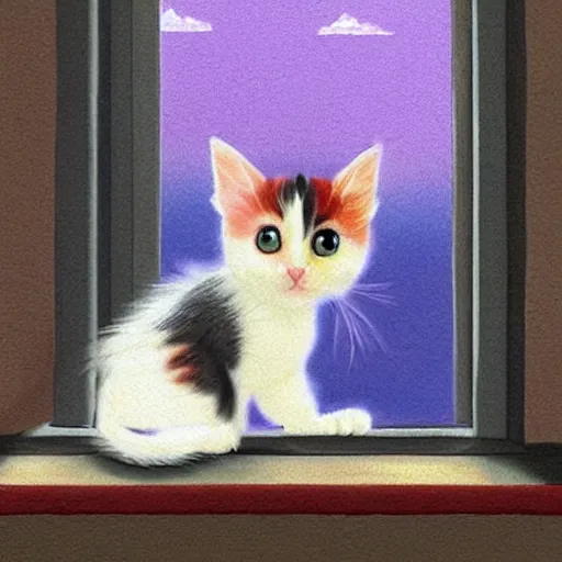 Image similar to cute calico kitten looking out of the window on a [ [ [ [ beautiful ] ] ] ] summer day, storybook art, detailed, cute, profile shot, featured on artstationg, gorgeous!!!