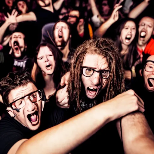 Prompt: scared nerd in the mosh pit at a metal concert,