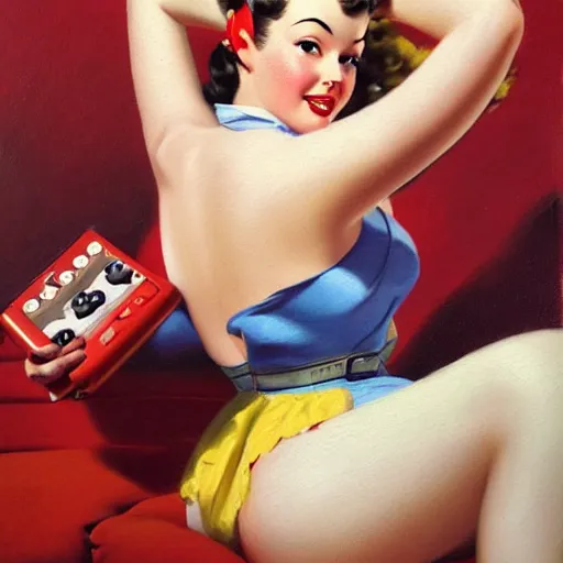 Prompt: an oil painting of a pin up girl holding a Nintendo Switch, by Gil Elvgren, highly detailed and intricate