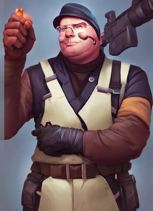 Image similar to a fusion of the heavy from team fortress 2 and bernie sanders, character portrait, cinematic lighting, art by artgerm and tom bagshaw, team fortress character art, socialist mercenary