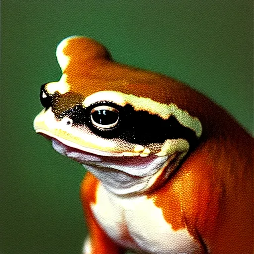 Image similar to a head and shoulders portrait painting of an anthropomorphic! amazon milk frog wearing a colonial outfit without a hat looking off camera, a character portrait, american romanticism, oil on canvas, soft focus