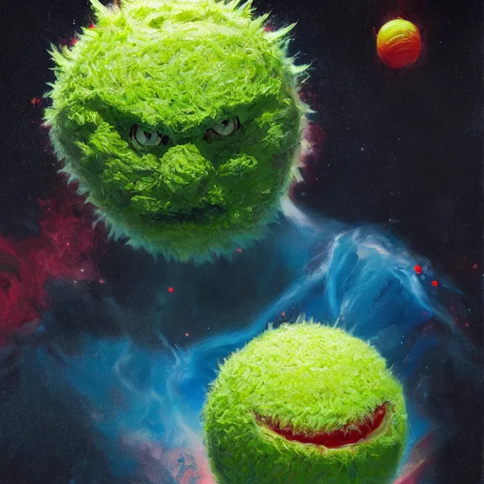 Image similar to cinematic portrait of a tennis ball monster in the abyss of space, oil on canvas, masterpiece, trending on artstation, featured on pixiv, cinematic composition, dramatic pose, beautiful lighting, sharp details, hyper-detailed, HD, HDR, 4K, 8K, art by Basil Gogos