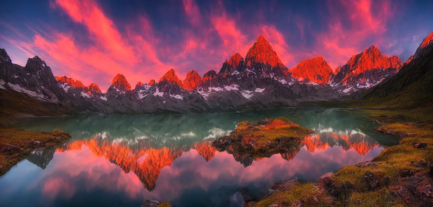 Image similar to amazing landscape photo of mountains with lake in sunset by marc adamus, beautiful dramatic lighting