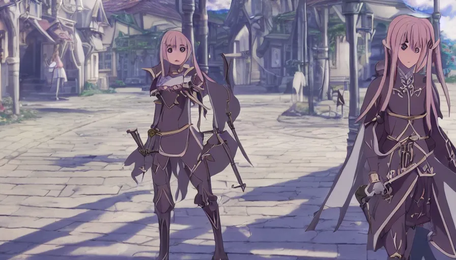 Image similar to Anime female knight elf • walking through the middle of an isekai town street • cinematic anime screenshot by the Studio JC STAFF