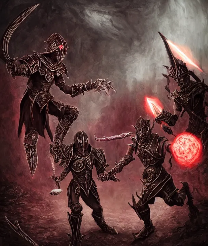 Prompt: A Dark Elf Telvanni in Daedric armor with white hair and glowing red eyes fights a dwemer Centurion in a dwemer ruin, Hyper realism, glow, runes, magic, morrowind, Oblivion, Skyrim, dark, gloomy, steam, ancient machines, lava, gears