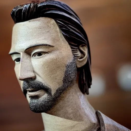 Image similar to a wooden sculpture of keanu reaves