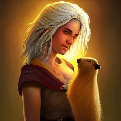 Prompt: ciri holding a capybara, expressive oil painting, digital art, beautiful lighting, highly detailed, trending on artstation, by Dan Mumford