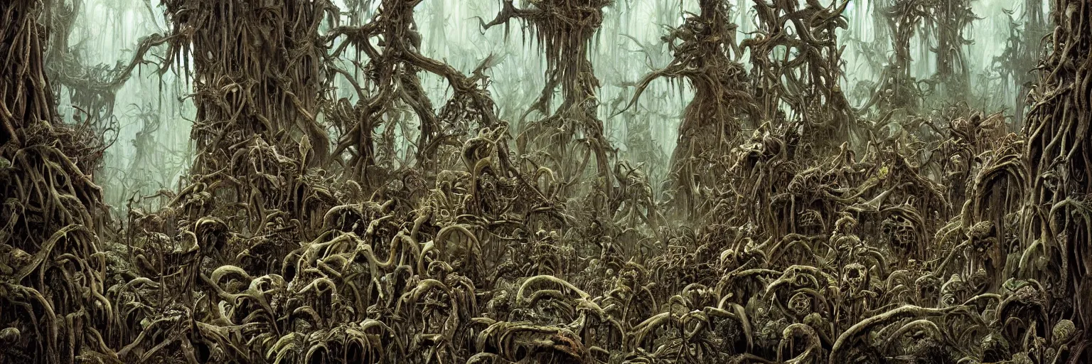 Prompt: dense haunted forest on an exotic alien planet, jungle gates of antler trees, insectile plants, gnarled stumps, thorny weeds forming demon faces, skulls, skeletal image, by ian miller, rodney matthews and artstation, hyperdetailed, photorealistic render