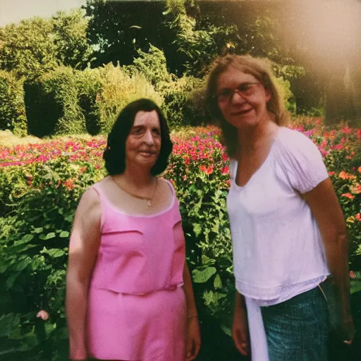 Image similar to woman and a blurry dark being standing in a french garden, bright summer day, washed out colors, polaroid