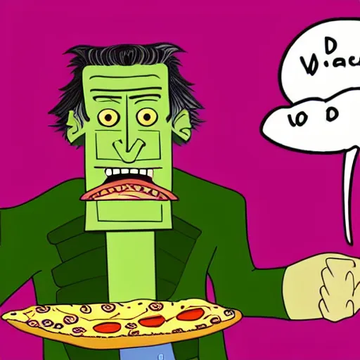 Prompt: frankenstein eating a slice of pizza with his mouth wide open