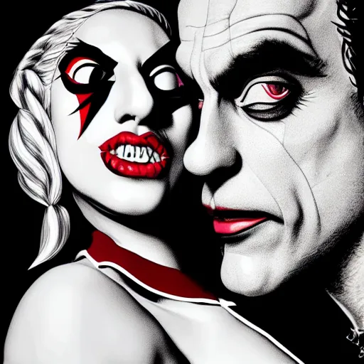 Image similar to richard hamilton and mimmo rottela as lady gaga harley queen and joaquin phoenix joker kissing, pop art, medium long shot, 2 color, random content position, object hyper detailed, photorealistic, dynamic composition, 4 k, ultra realistic art, smooth, sharp focus, illustration, concept art, intricate details, h 7 6 8