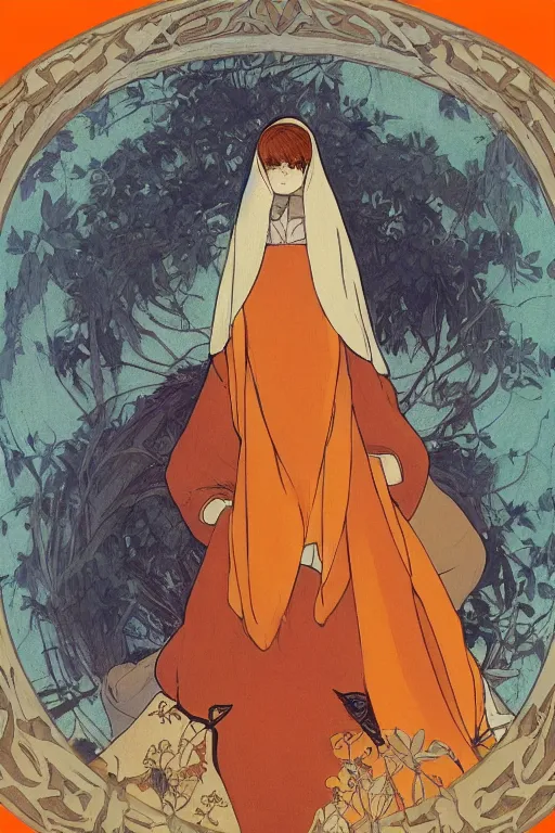 Image similar to a Girl in a large hood crouching on the ground by studio ghibli and mucha ,Visual Communication Design Refreshing colour ,orange slices,album,Microphone