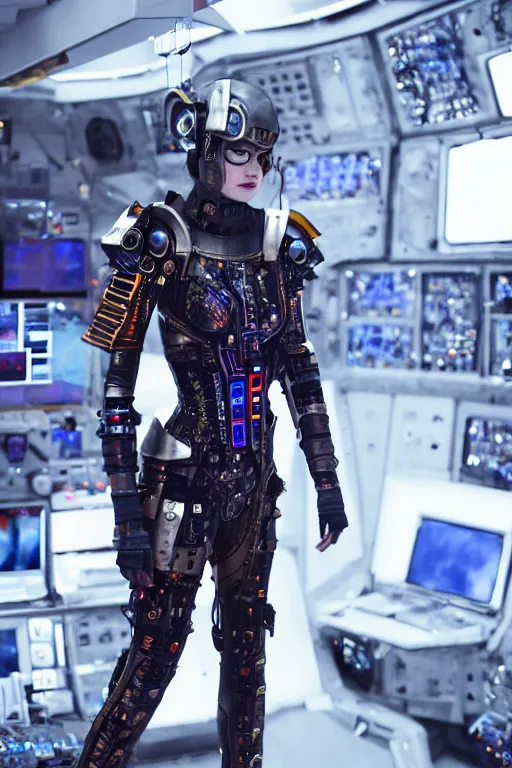 Image similar to emma stone as a cyberpunk warrior wearing armor made out of computer circuits standing on the command deck of a spaceship, cosplay, high resolution film still