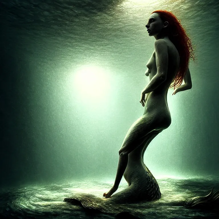 Image similar to epic professional digital art of a starving mermaid, atmospheric lighting, beautiful light and shadow, painted, complex, detailed, detailed, foreboding, mysterious, leesha hannigan, wayne haag, reina rocin, ignacio fernandez rios, mark ryden, iris van herpen, epic, stunning, magnificent, very wow, cinematic, masterpiece.