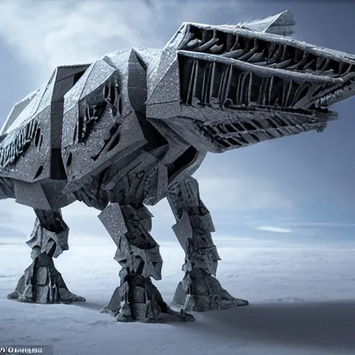 Prompt: a fusion between the tarrasque and an AT-AT, flat grey color, completely metal, walking across ice planet, hyper-realistic CG