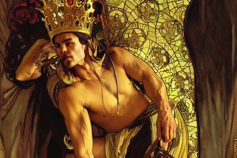 Image similar to a man wearing dark clothes and golden crown, muscular, painting by greg rutkowski and alphonse mucha