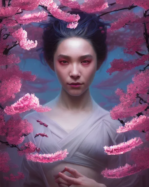 Image similar to one singular matte painting of a wet bioluminescent cherry blossom, highly detailed, digital painting, cinematic, hyper realism, dark retrowave, art by stanley lau and artgem and magali villeneuve and alphonse mucha, artstation, octane renderer, cgsociety