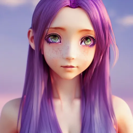 Image similar to Render of a very beautiful 3d anime girl, long purple hair, beautiful eyes, cute freckles, full round face, short smile, cute sundress, golden hour, serene beach setting, medium shot, mid-shot, highly detailed, trending on Artstation, Unreal Engine 4k