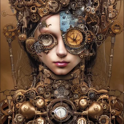 Image similar to A ful body photo of a steampunk beautiful goddess, she half human and half robot, she is embellished with gears wheels and gemstones, by William Holman Hunt, Greg Rutkowski, Stanely Artgerm, Tooth Wu, Peter Gric, Aaron Horkey, trending on Artstation, digital art, mythological, symmetrical artwork, cinematic lighting, hyper realism, high detail, octane render, ultra realistic, golden ratio, 4k, 8k