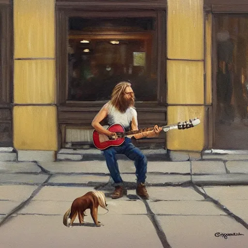 Image similar to oil painting of a young man with long hair blond and a beard hippie style with his golden retrever dog playing guitar in the square for money, people watching around, by greg rutkowski, artstation