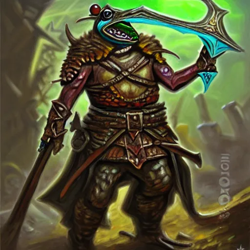 Image similar to oil painting of a frog warrior, in the style of oldschool dungeons & dragons and magic the gathering, promotional character art, highly detailed