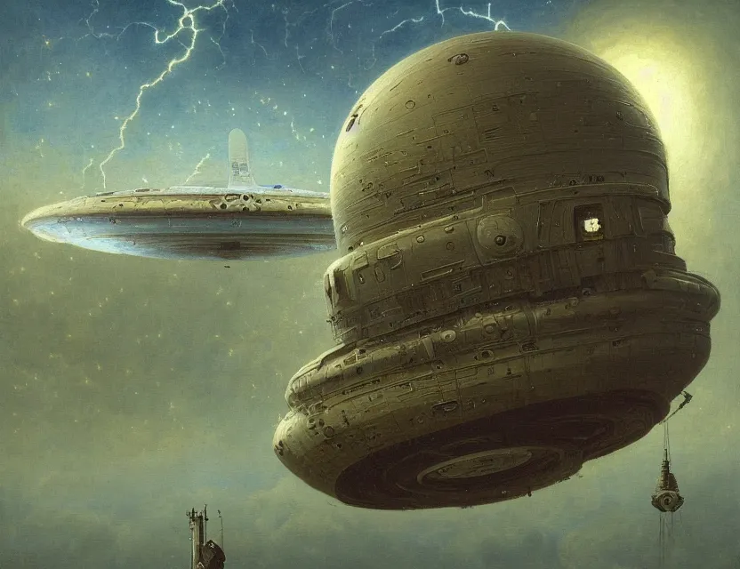 Image similar to a detailed painting of a a ufo mothership. cinematic sci - fi scene portrait and science fiction theme with lightning, aurora lighting. clouds and stars. smoke. futurism. fantasy. by beksinski carl spitzweg and tuomas korpi. baroque elements. baroque element. intricate artwork by caravaggio. oil painting. dramatic. artstation. 8 k