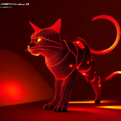 Image similar to cybertronic devil cat , 3d render , LEDs , octane render , 4k , rim lighting