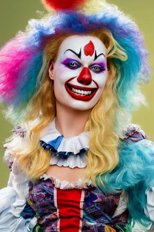 Image similar to margot Robbie as a clown, hyper realistic, sharp focus