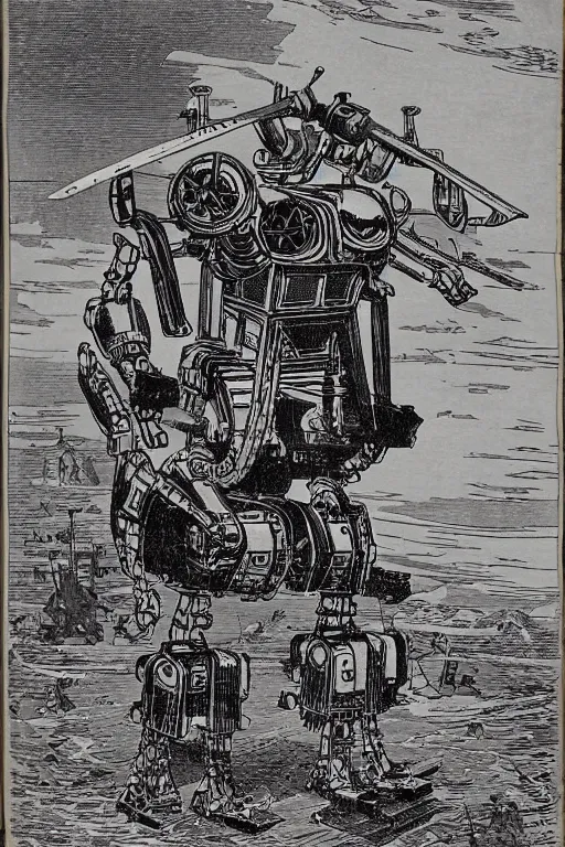 Image similar to 19th century wood-engraving of a Meiji era Japanese bipedal war mecha, whole page illustration from Jules Verne book, art by Édouard Riou Jules Férat and Henri de Montaut, high quality, beautiful, highly detailed, removed watermarks