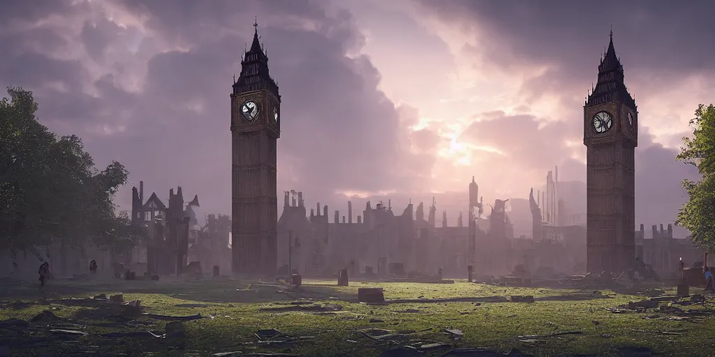 Image similar to a destroyed clock tower in a destroyed London at sunrise, ruins, clouds in the sky, concept art, octane render, unreal engine 5, trending on Artstation, high quality, 8K, soft lighting, highly detailed, trending on DeviantArt, mossy, apocaliptic, serene landscape, beautiful, cgsociety, godrays, path traced