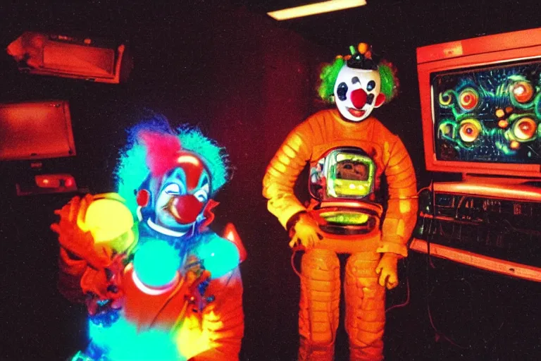 Image similar to friendly and kind robo - clown emerging from a space portal in cyberspace, fractaling outwards, in 1 9 8 5, y 2 k cutecore clowncore, bathed in the glow of a crt television, crt screens in background, low - light photograph, in style of tyler mitchell