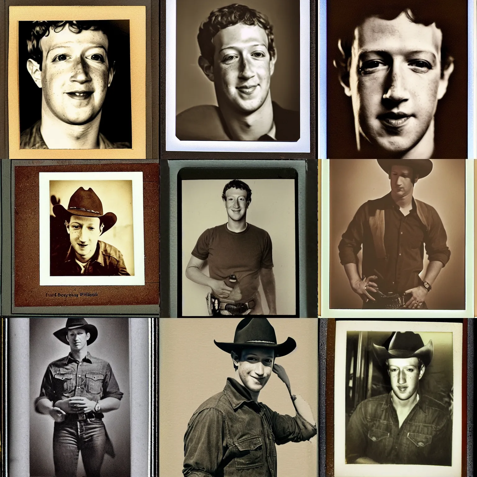 Prompt: mark zuckerberg gunman cowboy , portrait very close photograph, sepia polaroid by wild west cowboy by true west archives