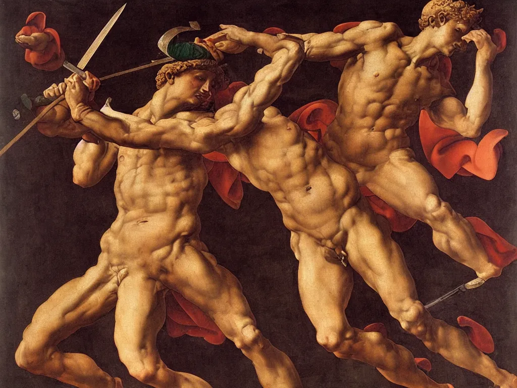 Image similar to A man with a lance by Michelangelo, mythological painting, oil painting