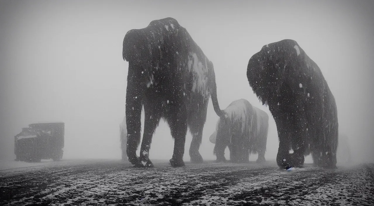 Image similar to “photo of one biomechanical mammoth in an arctic storm with fog and blizzard, the mammoth drags old gigantic coal wagons with snow, it's a sunset photo with cold tones, some people around ”