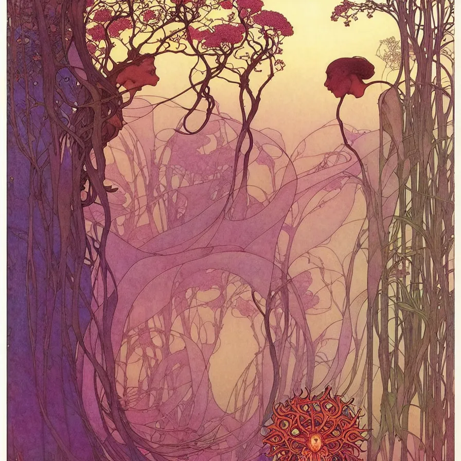 Image similar to ( ( ( beautiful strange forest and flowers and birds ) ) ) by mœbius!!!!!!!!!!!!!!!!!!!!!!!!!!!, overdetailed art, colorful, record jacket, cover art design, decorative frame like alfons maria mucha