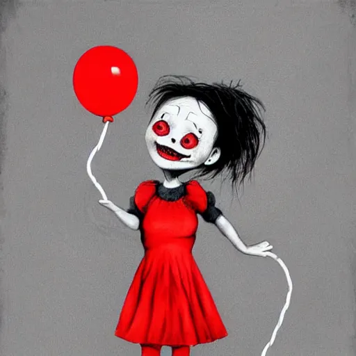 Image similar to grunge cartoon painting of a little girl playing with a jump rope with a wide smile and a red balloon by chris leib, loony toons style, pennywise style, corpse bride style, horror theme, detailed, elegant, intricate