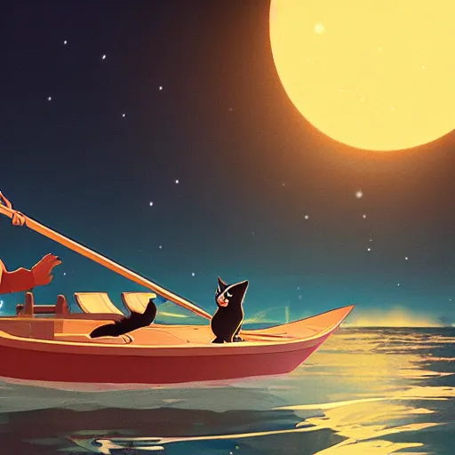 Prompt: a wholesome animation key shot of a black cat sailing a boat in the night, medium shot, studio ghibli, pixar and disney animation, sharp, rendered in unreal engine 5, anime key art by greg rutkowski, bloom, dramatic lighting