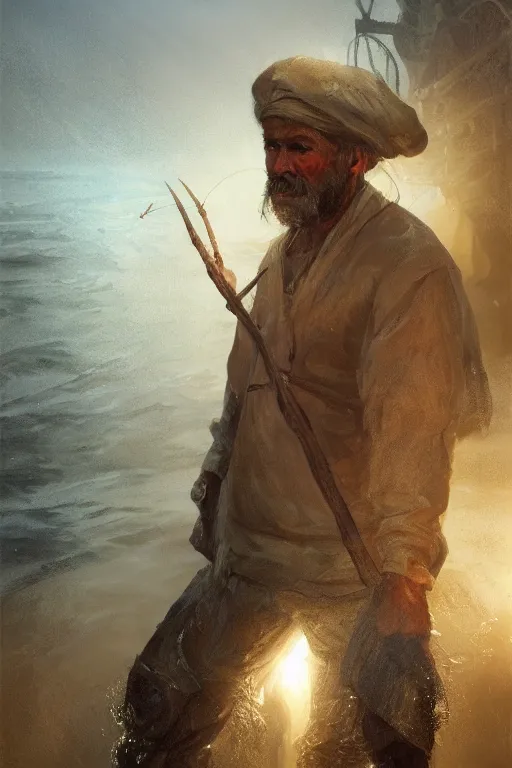 Image similar to Atlantis fisherman, close-up portrait, poor, intricate, elegant, volumetric lighting, scenery, digital painting, highly detailed, artstation, sharp focus, illustration, concept art,ruan jia, steve mccurry