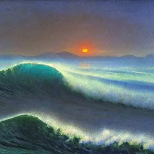 Prompt: very detailed seascape with big waves and sunset painted with oil paints in the style of Kuindzhi