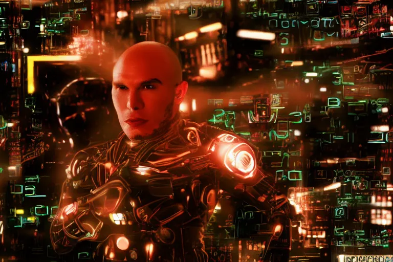 Image similar to cyborg - pitbull, surrounded by screens, in 2 9 9 9, y 2 k cybercore, industrial low - light photography, still from a ridley scott movie