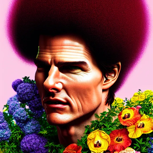 Image similar to bizarre surreal renaissance portrait of tom cruise with an afro made out of various flowers, dramatic cinematic lighting, bold colors, 8 k, beautiful intricate painting, hyper realistic, octane render