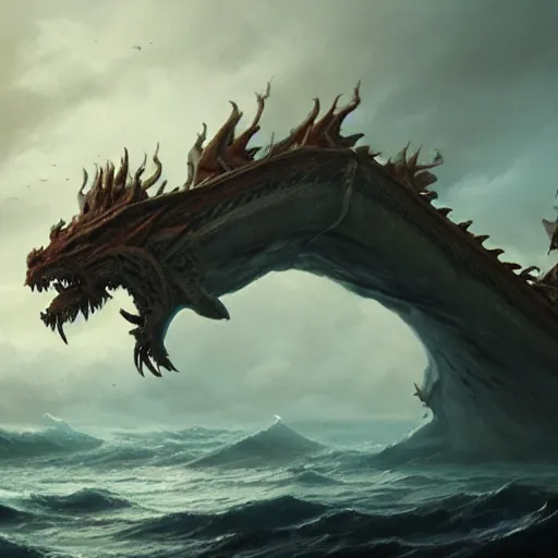 Image similar to A seven-headed dragon with ten horns coming out of the sea, well defined image , digital Art, Greg rutkowski, Trending artstation, cinematographic, hyperrealistic