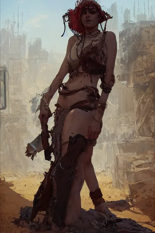 Image similar to a full body portrait of a beautiful post apocalyptic offworld butchers district bedouin blind pulp fiction scarlet wild rogue barbarian leper begging by the roadside, intricate, elegant, highly detailed, digital painting, artstation, concept art, smooth, sharp focus, illustration, art by krenz cushart and artem demura and alphonse mucha