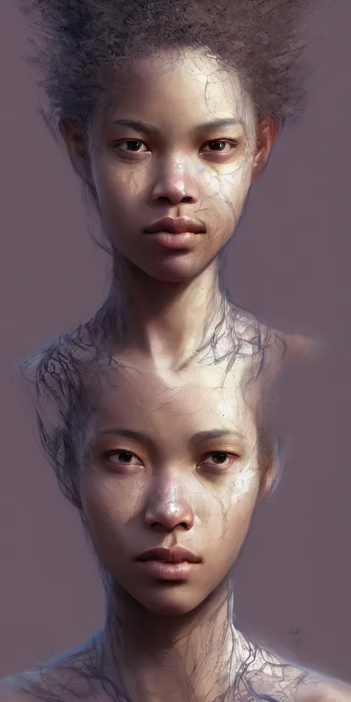 Image similar to top view full body beautiful face mulatto caught by plant venus flycatcher, gorgeous, intricate, volumetric lighting, scenery, digital painting, highly detailed, artstation, concept art, ruan jia, steve mccurry, ultra detailed painting at 16K resolution and epic visuals, epically surreally beautiful image, amazing effect, image looks crazily crisp as far as it's visual fidelity goes, absolutely outstanding, mind-breaking, Ultra High Definition