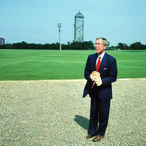 Image similar to George W. Bush sorrowfully beholds a single pretzel. Sincere regret, loss, disappointment, and shame. CineStill.