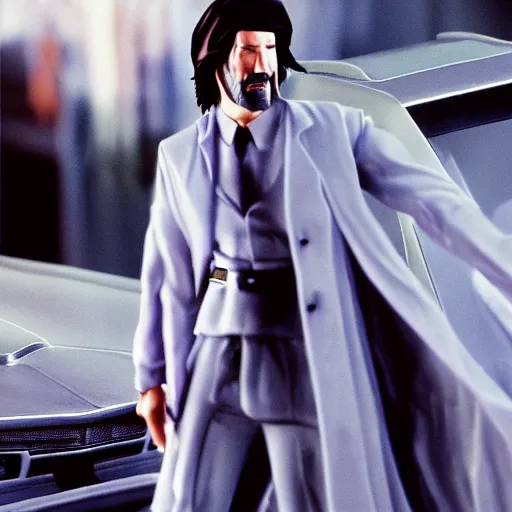 Image similar to beautiful hyperrealism three point perspective film still of Keanu Reeves as Gandalf the grey in car chase scene in Miami Vice(2006) extreme closeup portrait in style of 1990s frontiers in translucent porclein miniature street photography seinen manga fashion edition, miniature porcelain model, focus on face, eye contact, tilt shift style scene background, soft lighting, Kodak Portra 400, cinematic style, telephoto by Emmanuel Lubezki