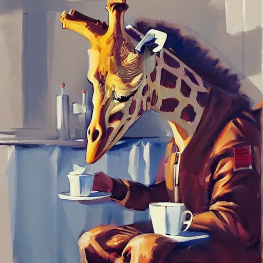 Image similar to a giraffe dressed like an astronaut drinking tea with queen isabel, trending on artstation, art by greg manchess, guangjian, detailed digital art, artstation hd