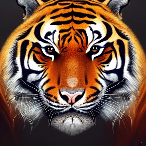 Image similar to portrait of a tiger with a humanoid face, male, handsome, masculine, full body, red hair, long hair, soft hair, fantasy, intricate, elegant, highly detailed, suit, coffee shop, digital painting, artstation, concept art, character art, smooth, sharp focus, illustration, art by artgerm and greg rutkowski and alphonse mucha